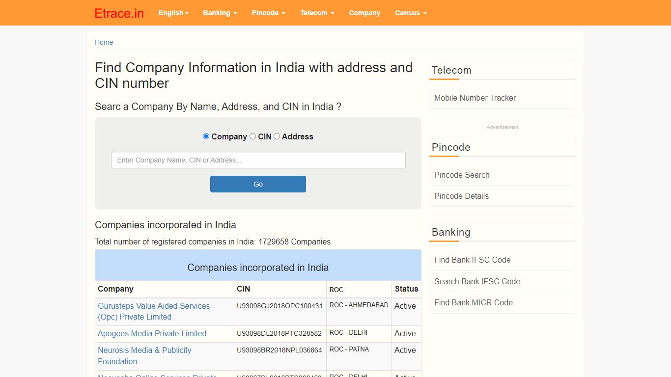 Find Company Information in India with address and CIN number